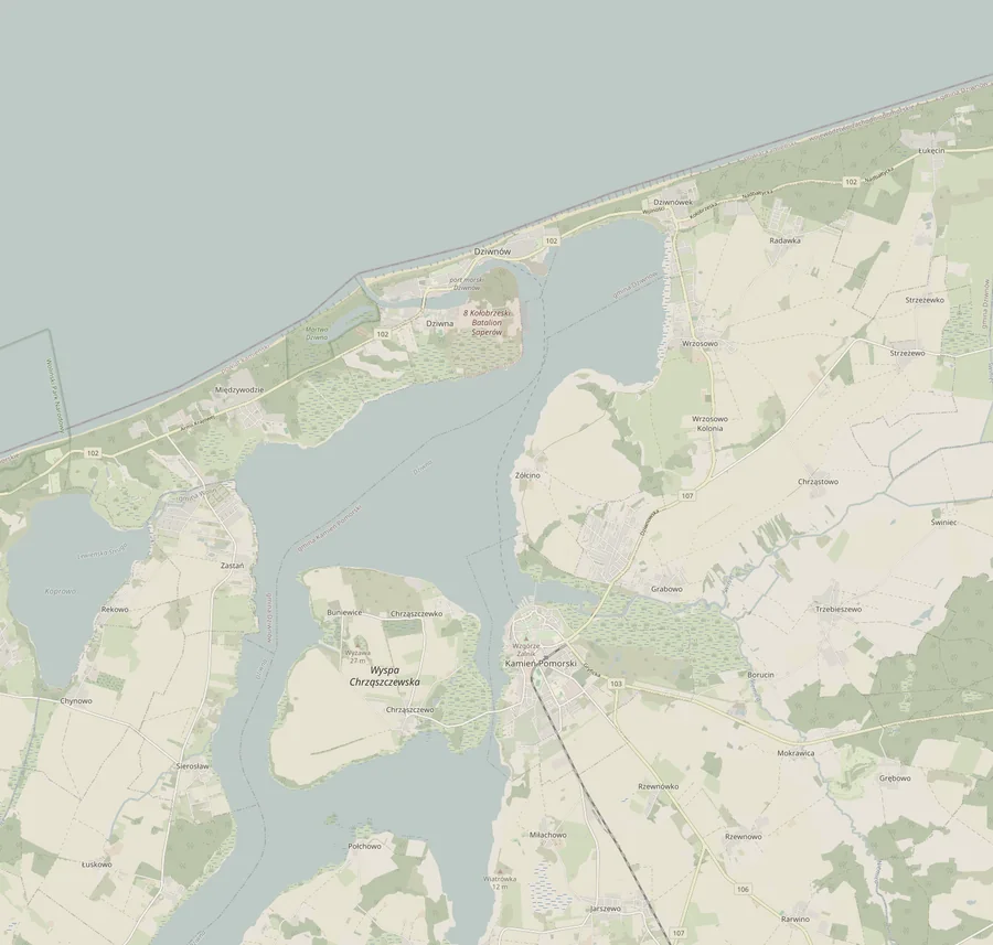 Mapa okolicy DW Wrzosek — Kamień Pomorski, Wrzosowo, Dziwnówek, Dziwnów, Międzywodzie